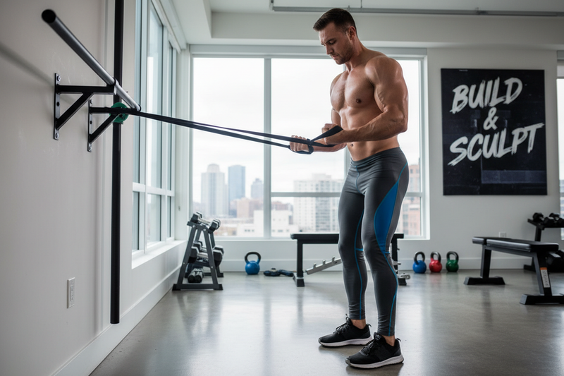 Athletic person performing resistance band exercises for strength training, modern home gym setting, emphasis on muscle building and toning, professional fitness photography