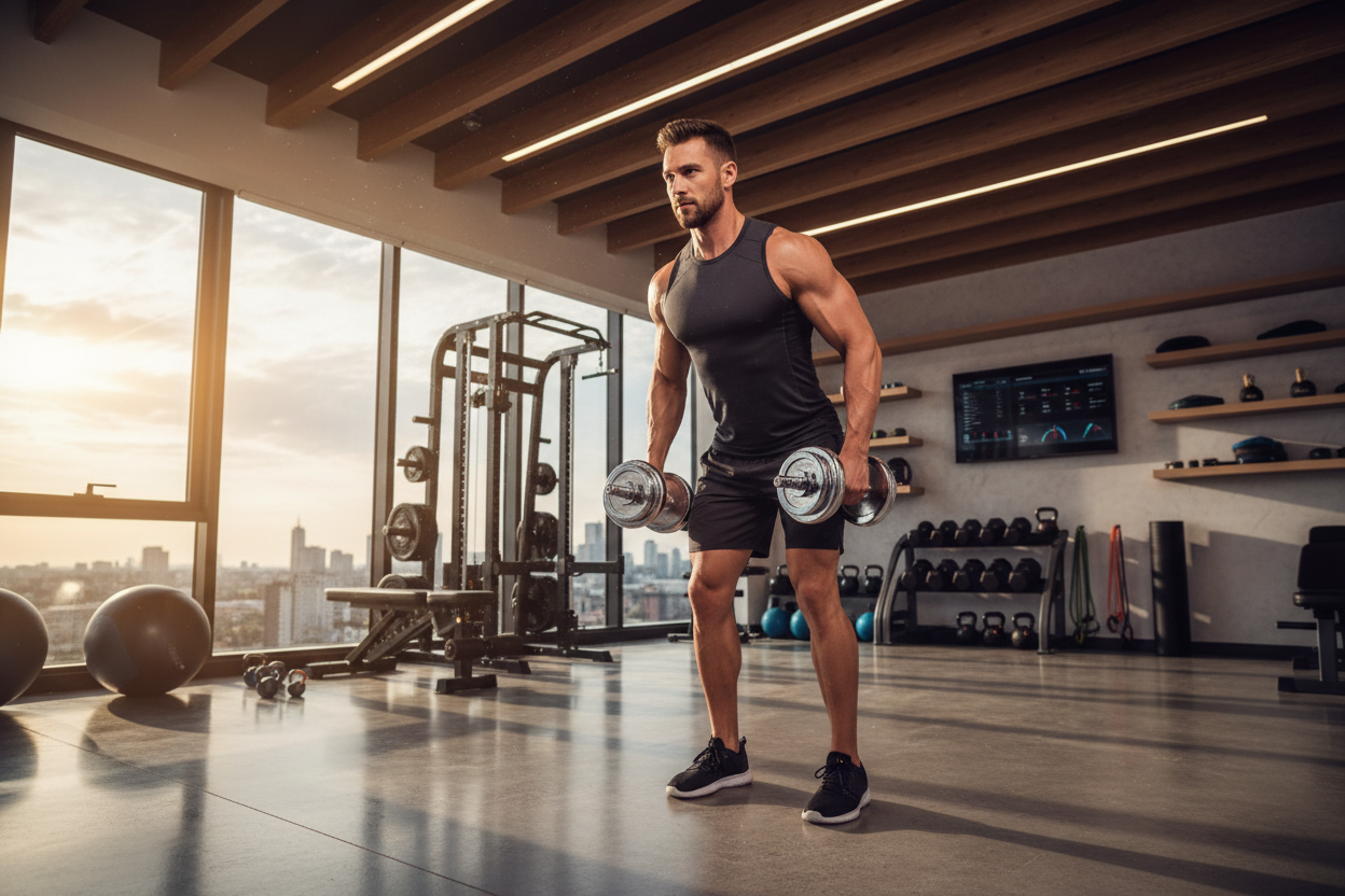 Professional photographic image of an athletic man lifting dumbbells in a modern home gym, strength training workout, fitness lifestyle, high quality photography