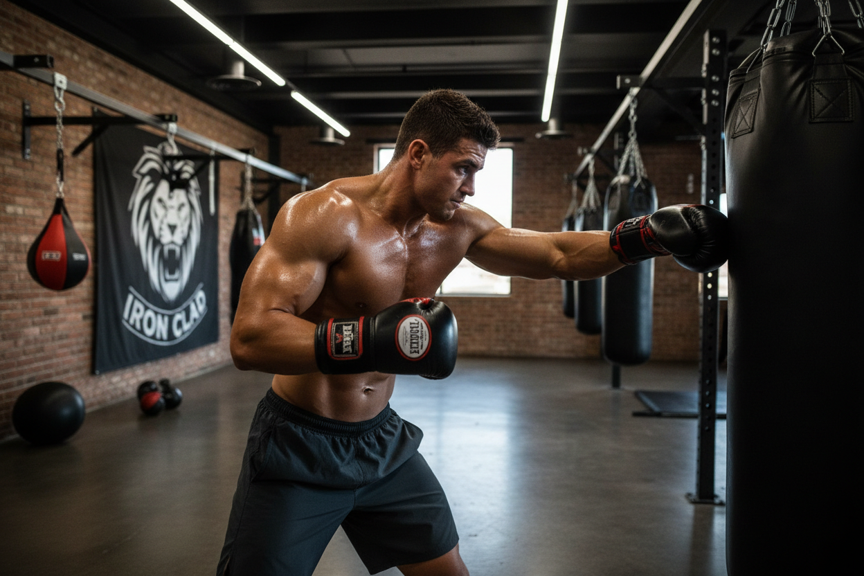 Professional photographic image of an athletic man wearing boxing gloves training with a punching bag in a modern boxing gym, combat sports workout, fitness lifestyle, high quality photography